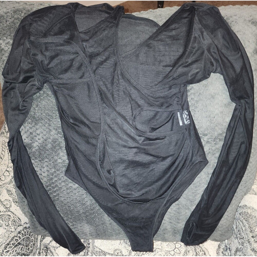 Black Asymmetric Cutout Sheer Mesh Long Sleeve Rave Going Out Bodysuit L